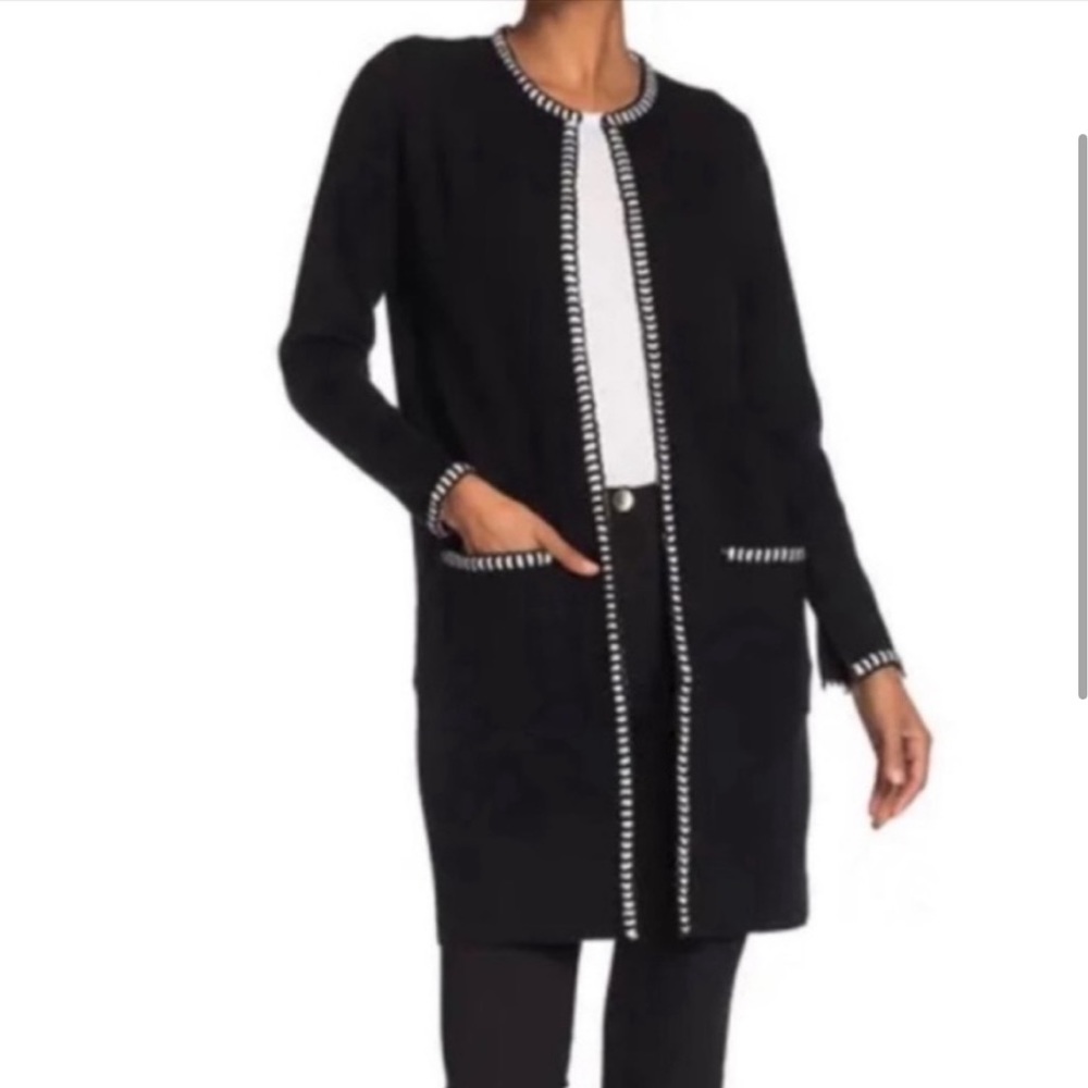 Magaschoni Knit Trim Black Open Front Cardigan
